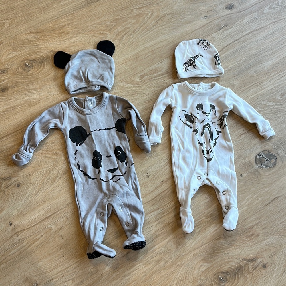 L’oved baby set of 2 footies with matching caps
